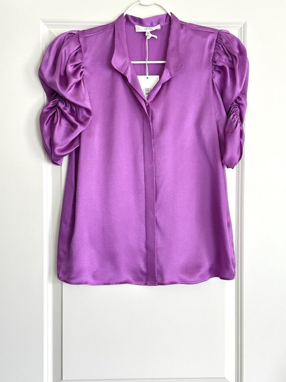 NWT FRAME Orchid Silk Short Ruched Puff Sleeve Blouse Size S